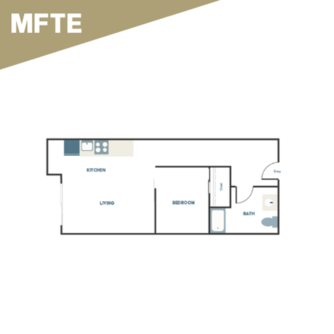 A floor plan of a small apartment with a kitchen, living room, bedroom, and bathroom.